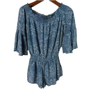 Rip‎ Curl Women's M Blue Paisley Off Shoulder Romper Smocked Waist Bell Sleeve